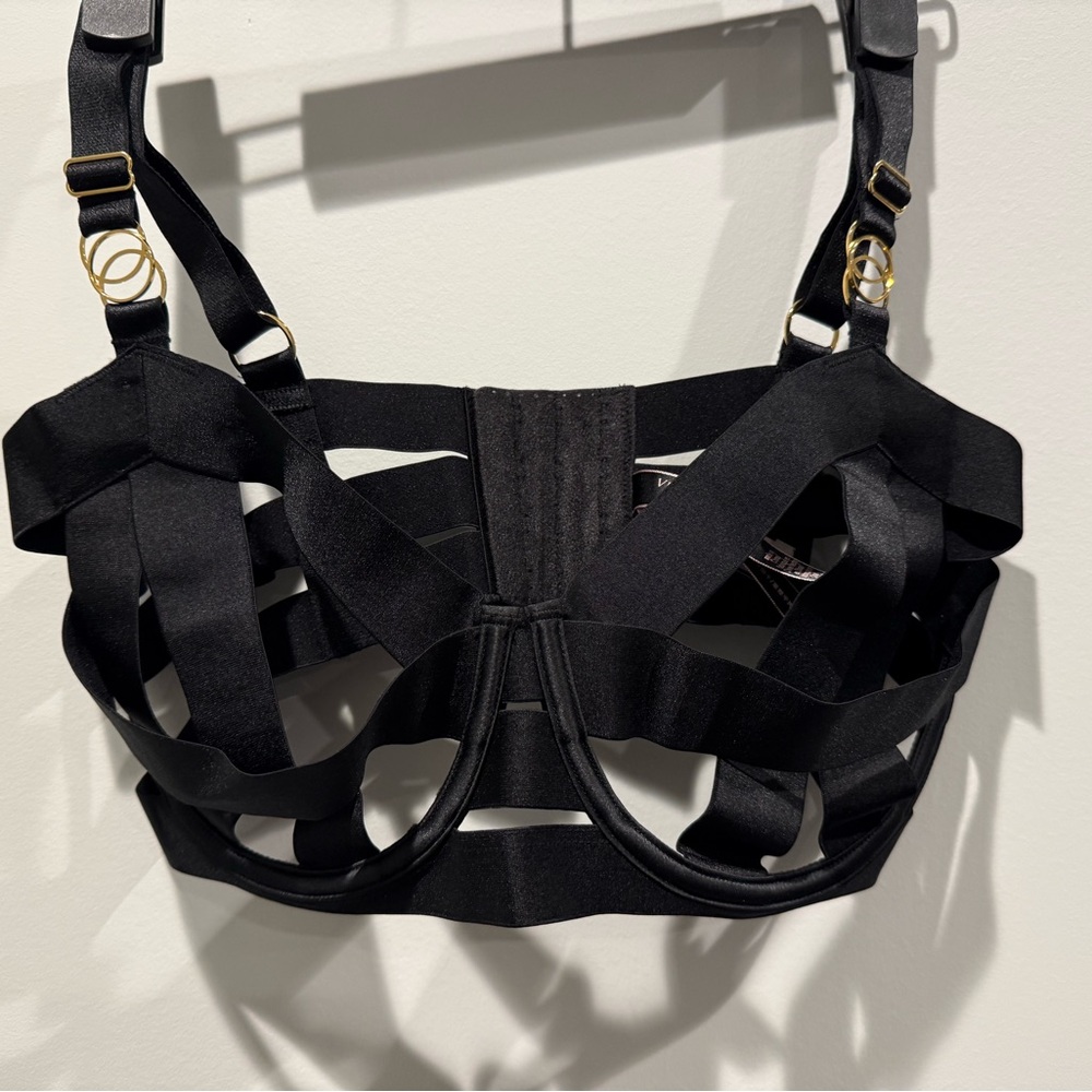 Victoria's Secret Black Strappy Cage Underwire Bra with Gold Accents